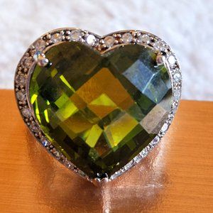 Shinny Green Heart Ring Vintage Sterling Silver Sign MS size 8 14.5g(whole ring)